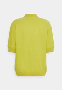 Polo shirt a maniche corte di colore verde chiaro in maglia con colletto, polsini e orlo a costine, mostrato da dietro su uno sfondo bianco.