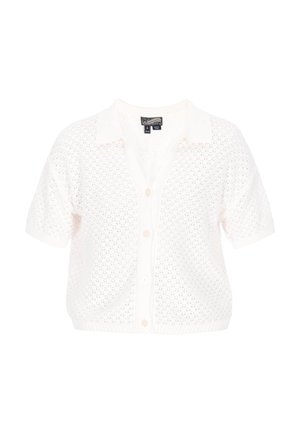 Cardigan bianco a maniche corte in maglia con colletto e chiusura frontale con bottoni, caratterizzato da un delicato motivo traforato.
