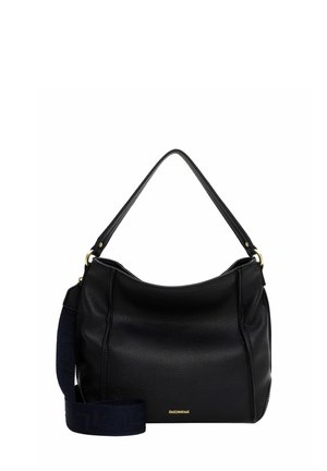 Borsa a tracolla in pelle nera con forma hobo, dotata di un unico manico superiore e una tracolla in tessuto regolabile. Superficie strutturata con dettagli in metallo dorato.