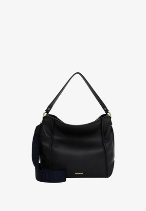 Zwarte leren handtas met een hobo-vorm, voorzien van een enkele bovenkant handvat en een verstelbare stoffen schouderriem. Gestructureerd oppervlak met gouden hardware.