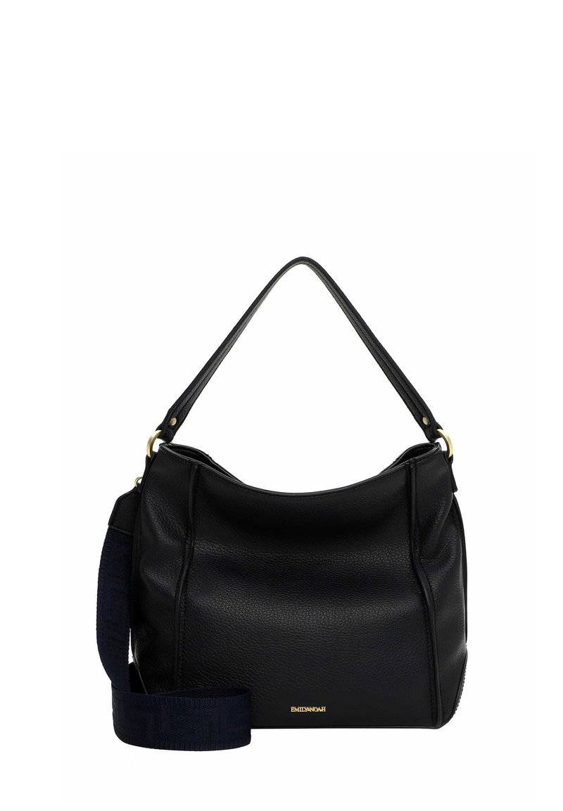 Černá kožená kabelka ve stylu hobo, s jedinou horní rukojetí a nastavitelným látkovým ramenním popruhem. Texturovaný povrch se zlatými kovovými doplňky.