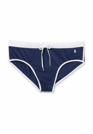 Navy blue bikini bottom with a white waistband, featuring a front tie detail and contrasting white piping along the edges.