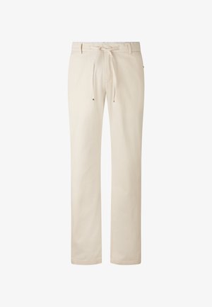 Beige straight-leg pants with belt loops and a fabric drawstring tied at the waist, displayed on a white background.