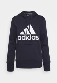 Granatowy bawełniany hoodie z dużym białym logo Adidas, z regulowanym kapturem, kieszenią typu kangur, oraz ściągaczami przy rękawach i u dołu.