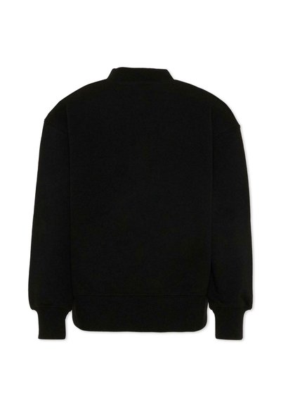 Sweat-shirt noir à manches longues avec col rond, poignets et ourlet côtelés, vu de dos sur un fond blanc.