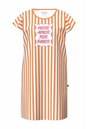 Biała i pomarańczowa sukienka w pionowe paski z krótkim rękawem z różowym napisem "MORE AMOR POR FAVOR" w falistym białym obramowaniu z przodu.