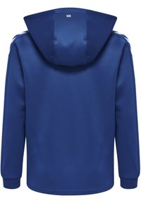 Felpa blu con cappuccio, a maniche lunghe, dalla texture liscia e dettagli bianchi sulle spalle. Presenta un logo sulla parte superiore della schiena.