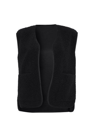 Schwarze ärmellose Weste aus strukturiertem Fleece-Material, mit offenem Vorderdesign und zwei Fronttaschen. Die Ränder sind mit solidem Schwarz besetzt.