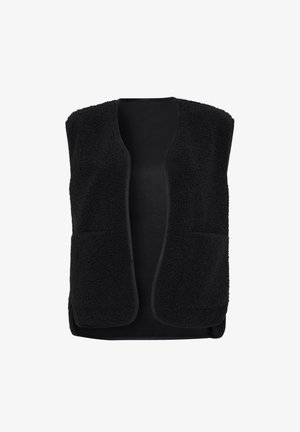 Schwarze ärmellose Weste aus strukturiertem Fleece-Material, mit offenem Vorderdesign und zwei Fronttaschen. Die Ränder sind mit solidem Schwarz besetzt.