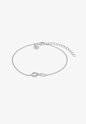 Silbernes Kettenarmband mit einem kleinen Unendlichkeitssymbol als Mittelpunkt, verziert mit winzigen Kristallen und einem verstellbaren Verschluss.