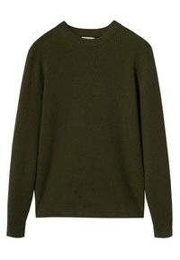 Pull côtelé vert foncé à manches longues et col rond. Confectionné en tissu texturé, il présente une coupe décontractée avec un ourlet droit.