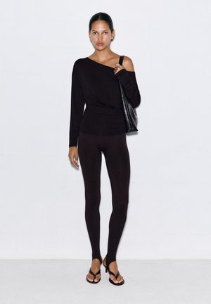 PULL&BEAR, LONG SLEEVE BOAT NECK WITH WAIST SASH - TOP - T-shirt à manches longues - black