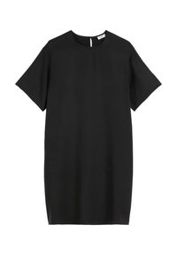 Black short-sleeve dress made from lightweight fabric. Features a rounded neckline and a keyhole opening at the back. Smooth texture.