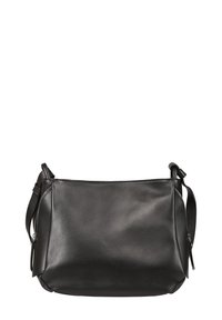 Zwarte leren handtas met een gestructureerde afwerking, een groot formaat, verstelbare riem en een ritssluiting aan de zijkant.