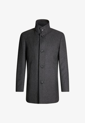 Cappotto di lana grigio con colletto rialzato, chiusura con bottoni e taglio dritto. Presenta sei grandi bottoni e una texture liscia.