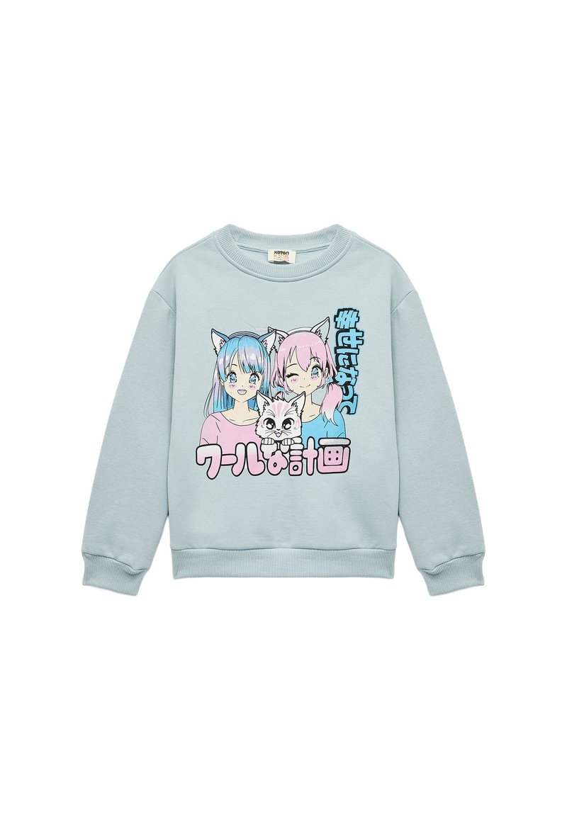 Sudadera de color azul claro con un estampado de estilo cómic de dos personajes con orejas de animal y un gato, junto con texto estilizado en negro y azul.
