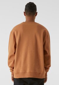 Felpa leggera marrone con vestibilità rilassata, colletto e polsini a costine, caratterizzata da un retro semplice e una texture morbida.