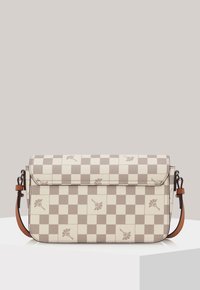 Vintage check patterned handbag in beige and gray leather, with a structured shape, magnetic flap closure, and a detachable brown shoulder strap.
