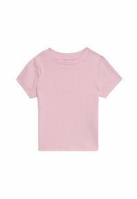 Rosa kortärmad t-shirt gjord av ribbad bomull. Har en rund hals och en figurnära passform med en slät yta.