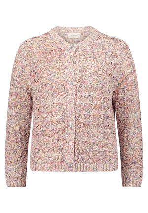Cardigan en tricot présentant un design à tissage ouvert multicolore dans des tons de rose et de crème. Fermé avec trois boutons ronds de type perle.