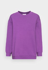 Sudadera morada hecha de material suave, con cuello redondo, hombros caídos y puños y dobladillo acanalados. Diseño sencillo y sólido.