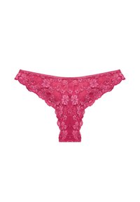 Lace thong in vibrant pink, featuring floral patterns and scalloped edges, with a soft, textured material and a subtle sheen.