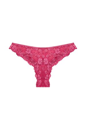 Kantstring in levendig roze, met bloemmotieven en golvende randen, gemaakt van een zacht, textuurmateriaal met een subtiele glans.
