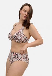Conjunto de bikini multicolor con un diseño estampado de líneas en espiral en tonos de rosa, naranja y beige; tejido suave con un ajuste seguro.