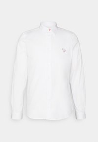 Chemise blanche à manches longues avec col et petit logo animalier multicolore brodé sur la poitrine gauche.
