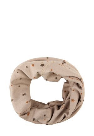 Beige Stoffhaarband mit Sternmustern in Braun- und Orangetönen. Weiche Textur, runde Form und gerafftes Design für Komfort.