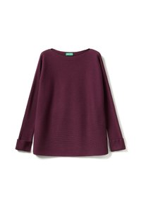 Maglione bordeaux a coste con ampio scollo rotondo, maniche lunghe e polsini ripiegati. Il tessuto testurizzato aggiunge profondità al design.