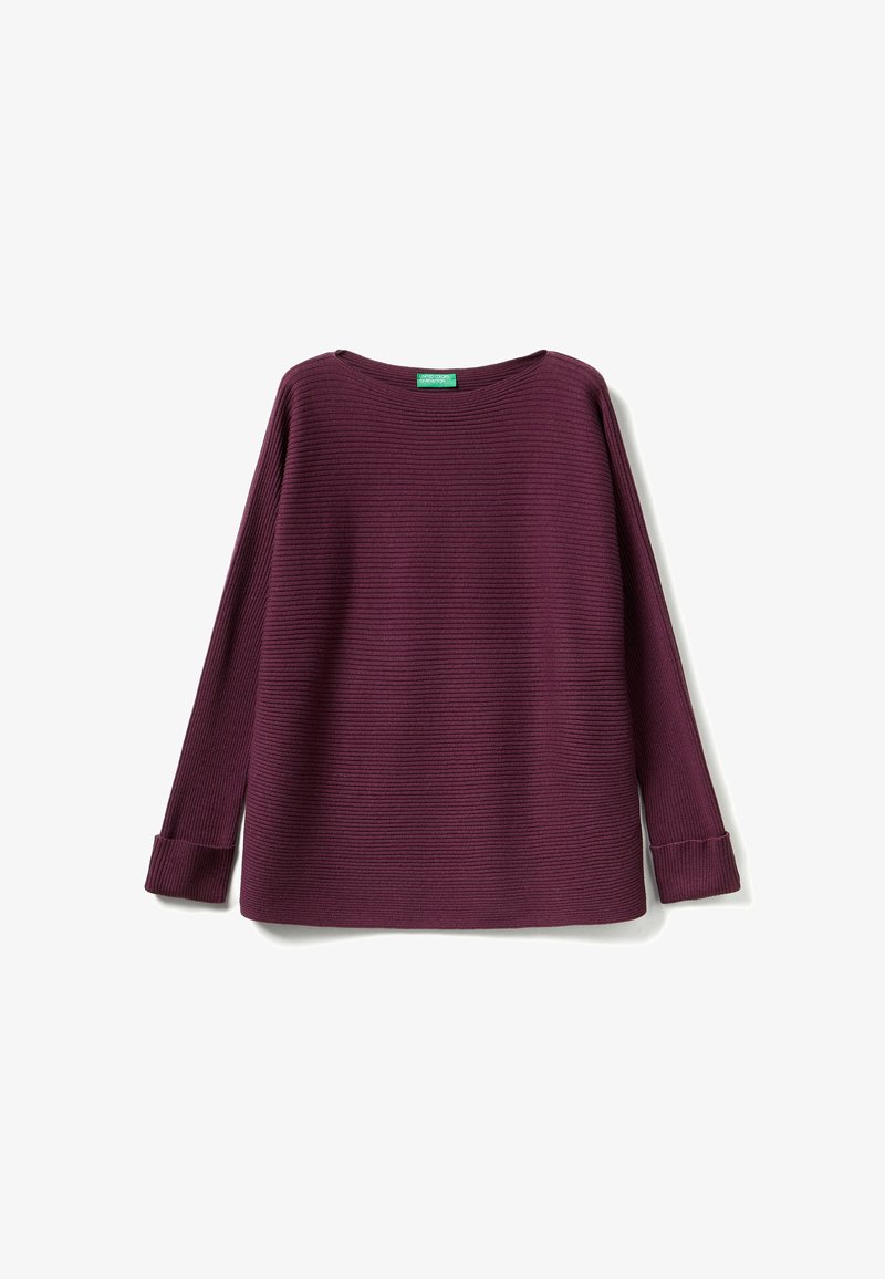 Bordeauxfarbenes geripptes Sweatshirt mit weitem runden Ausschnitt, langenÄrmeln und umgeschlagenen Bündchen. Der strukturierte Stoff verleiht dem Design Tiefe.