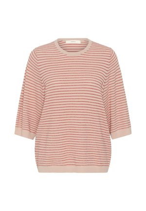 Heleroosa lühikeste varrukatega kampsun, õhukeste horisontaalsete punaste triipudega ja ümar kaelus, esitatud ühevärvsel valgel taustal.