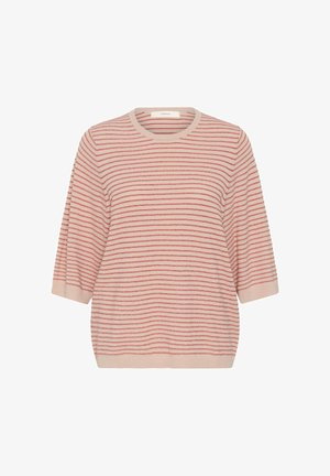 Heleroosa lühikeste varrukatega kampsun, õhukeste horisontaalsete punaste triipudega ja ümar kaelus, esitatud ühevärvsel valgel taustal.