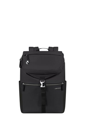 Schwarzer Rucksack mit einem schlanken Design, aus strapazierfähigem Material, ausgestattet mit mehreren Fächern, einer Vordertasche mit Reißverschluss und verstellbaren Trägern.