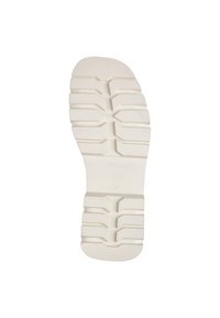 Suola di scarpa in gomma bianca con un profondo motivo di battistrada, caratterizzata da scanalature orizzontali e verticali per una migliore aderenza. Le marcature includono un logo e la taglia 37.