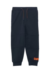 Marinefarbene Sweatpants aus weichem Material, mit elastischem Bund und Kordelzug, Seitentaschen und einem orangefarbenen "SLVR"-Logo am Bein.