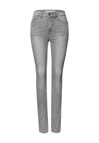 Jeans de mezclilla gris con corte slim, cintura alta, diseño tradicional de cinco bolsillos y una textura suave. Cuenta con un cierre delantero de botón y cremallera.