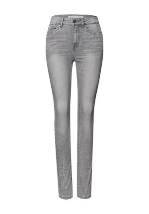 Graue Jeans aus Denim mit schmaler Passform, hoher Taille, traditionellem Fünf-Taschen-Design und glatter Textur. Sie verfügen über einen Frontknopf und einen Reißverschluss.