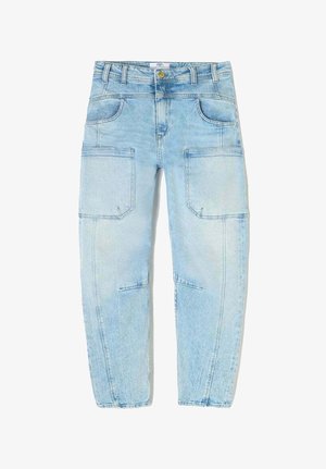 Hellblaues Denim-Hosen mit lockerer Passform, mehreren Taschen und einem verwaschenen Look. Mit einem Knopfverschluss und Gürtelschlaufen.