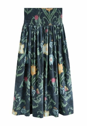 Dunkel gemusterter Midirock mit Blumenmuster, breitem, gerafftem Smokbund und gesammeltem Stoff, mit grünen, gelben, pinken und blauen Blumen auf schwarzem Hintergrund.