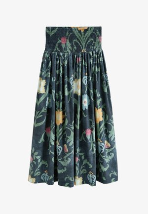 Dunkel gemusterter Midirock mit Blumenmuster, breitem, gerafftem Smokbund und gesammeltem Stoff, mit grünen, gelben, pinken und blauen Blumen auf schwarzem Hintergrund.