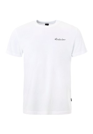 T-shirt blanc à manches courtes avec col rond et petit texte noir "#Problemlöser" sur le côté gauche de la poitrine.