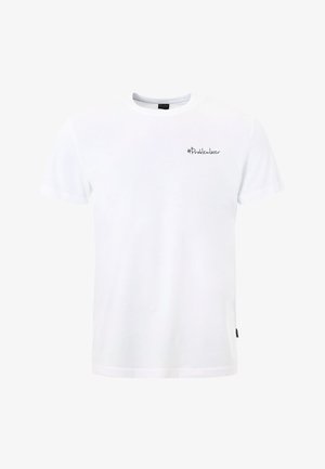 T-shirt blanc à manches courtes avec col rond et petit texte noir "#Problemlöser" sur le côté gauche de la poitrine.
