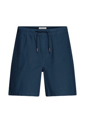 Pantaloncini da uomo blu navy con cintura elastica e coulisse, realizzati in tessuto leggero, design fino al ginocchio.