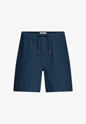 Pantaloni scurți pentru bărbați, de culoare bleumarin, cu talie elastică și șnur, confecționați dintr-un material ușor, cu design până la genunchi.