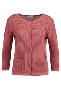 Rosafärgad kofta med ett texturerat stickmönster, rund halsringning, framknäppning och två framfickor. Långa ärmar med ribbade mudd. 