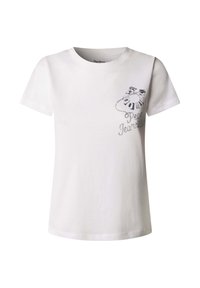 Wit T-shirt met korte mouwen en ronde hals, met een circulaire afbeelding en de tekst "Pepe Jeans" geprint op de bovenste linkerborst.