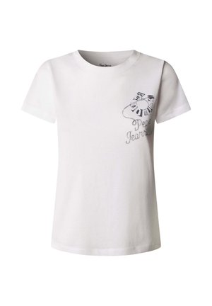 T-shirt blanc à manches courtes et col rond avec un graphique circulaire et le texte « Pepe Jeans » imprimé sur la partie supérieure gauche de la poitrine.