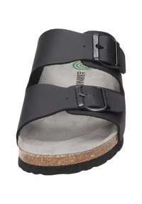 Sandale en cuir noir avec deux boucles réglables, semelle en liège et un rembourrage doux gris. Design ouvert à l'avant adapté pour une tenue décontractée.